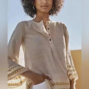 J Jill Top Beige Yellow Stripe Aztec Boho Flounce Sleeve Blouse Organic Cotton